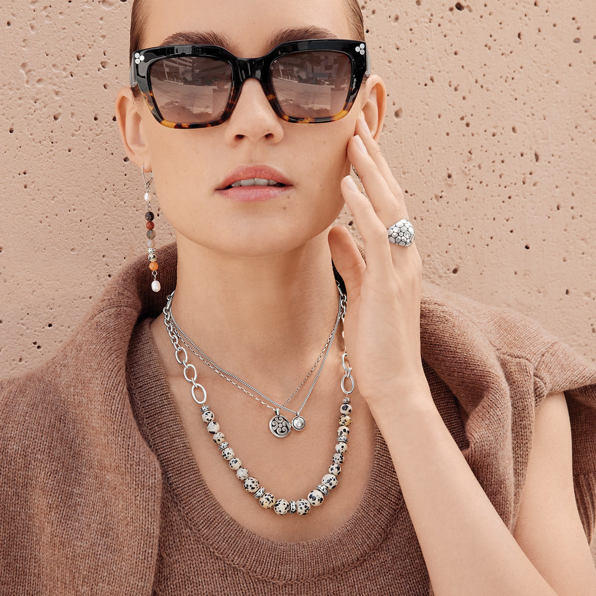 Square Contempo Dot Dual sunglasses in butterscotch tortoise with silver plated accents and pierced dot studs on temples.