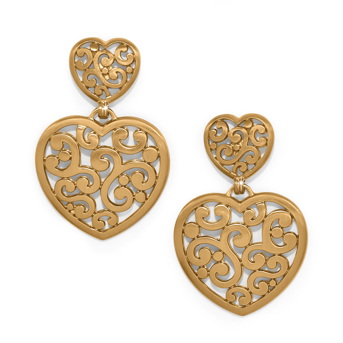 Gold plated heart-shaped drop earrings with double post backs