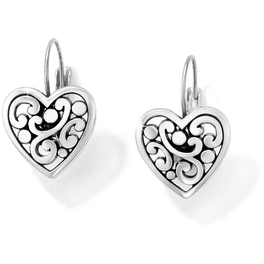 Silver plated French wire lever back earrings featuring a heart-shaped drop with a width of 5/8 inch and length of 3/4 inch.