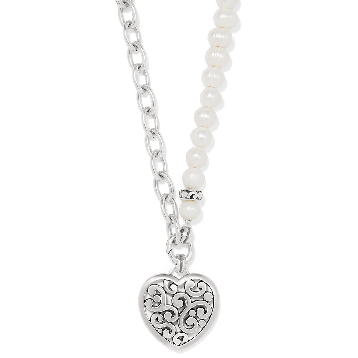 Silver plated heart-shaped necklace with a lustrous pearl charm on lobster claw closure