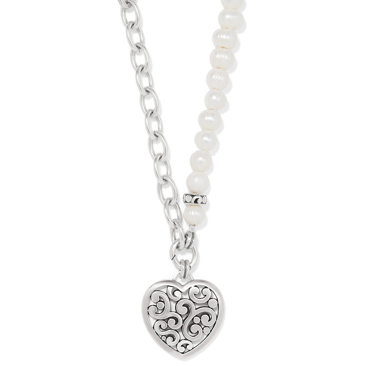Silver plated heart-shaped necklace with a lustrous pearl charm on lobster claw closure