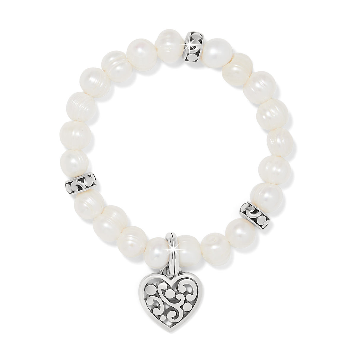 Silver-plated stretch bracelet featuring freshwater pearls and a heart-shaped charm.