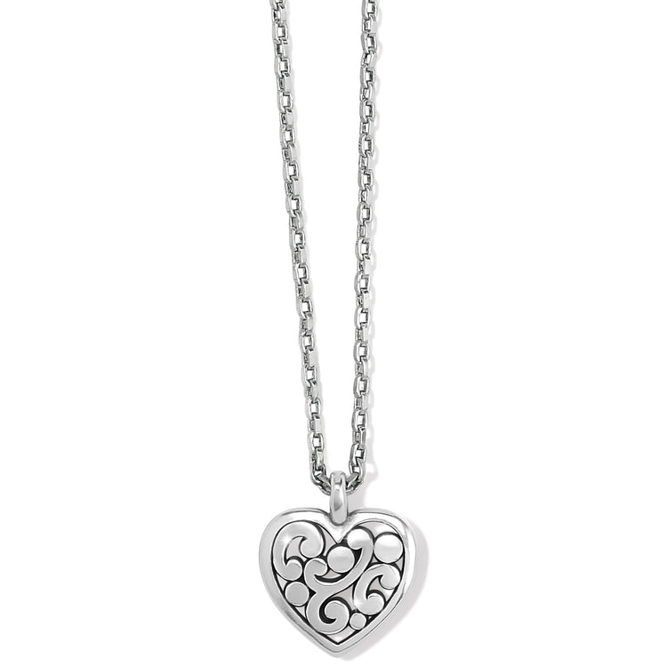 Gold plated heart motif pendant necklace on a gold chain with lobster claw closure.
