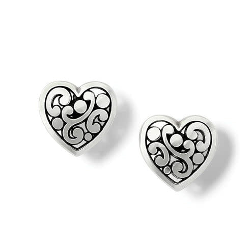 Silver plated heart-shaped post earrings with a flat disc back.