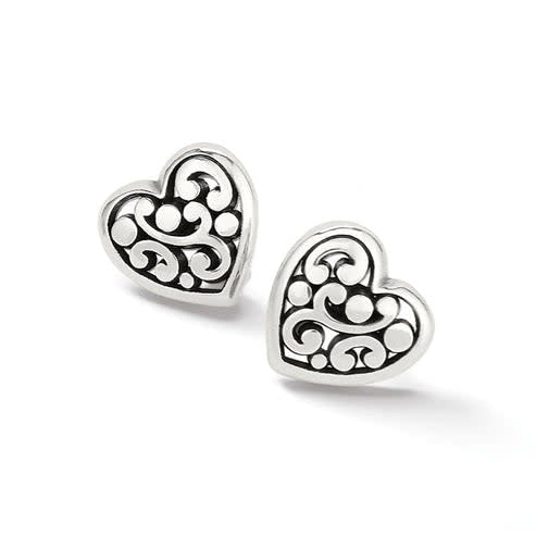 Silver plated heart-shaped post earrings with flat disc backs.