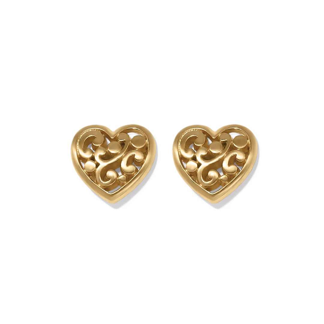 Silver plated heart-shaped post earrings with flat disc backs