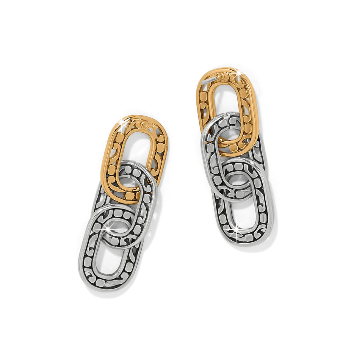 Silver-gold two-tone post drop earrings with flat disc backs