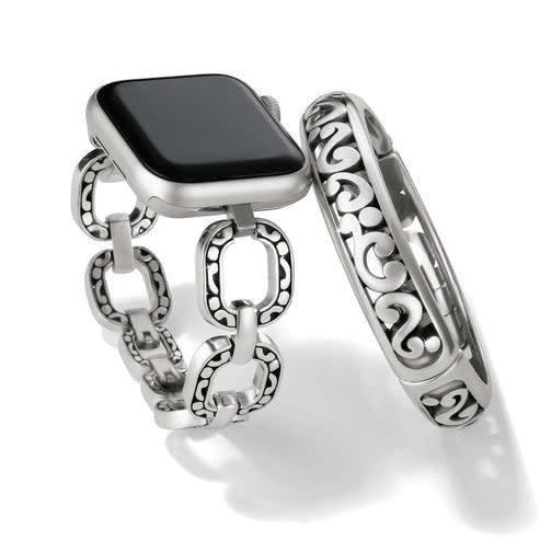 Silver Contempo Linx smart watch band with scrollwork detailing and fold-over clasp