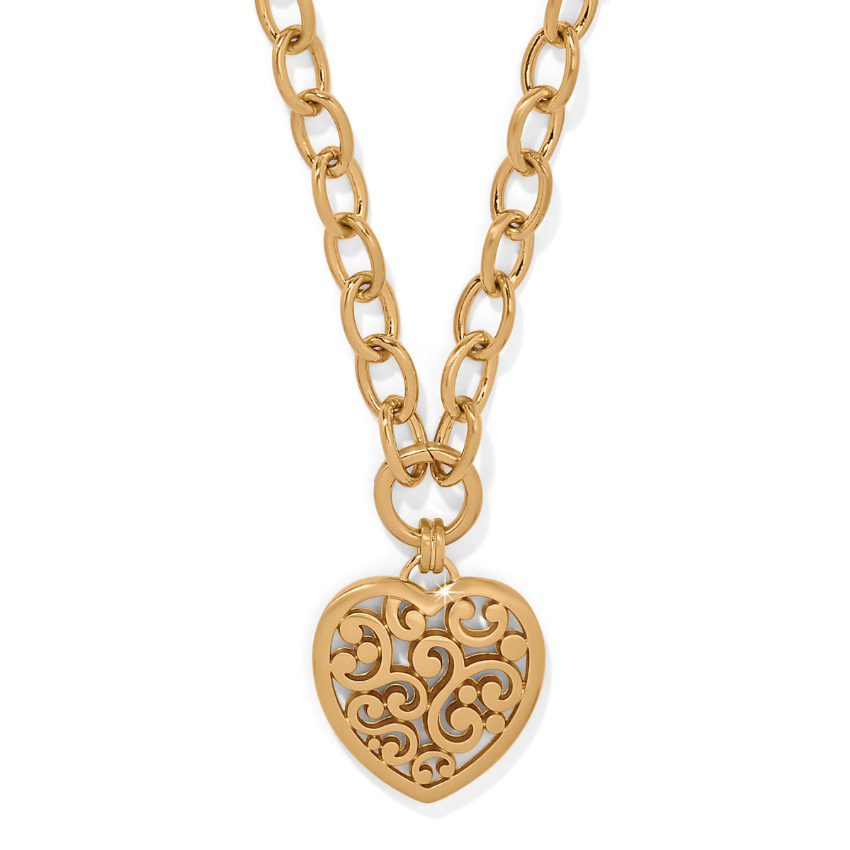 Gold plated heart medallion necklace with adjustable chain featuring vintage-inspired crystal finish.