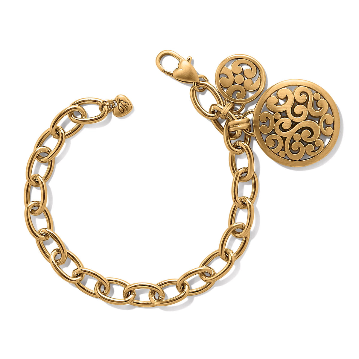 Silver plate Contempo bracelet with double circular medallion dangles featuring swirls and open scrolls.