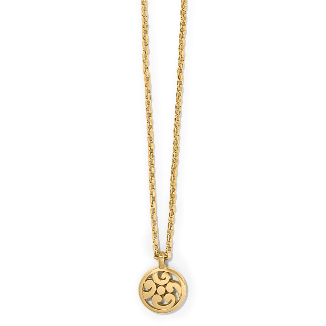 Silver plated circular pendant necklace with swirl scroll patterns on a silver chain