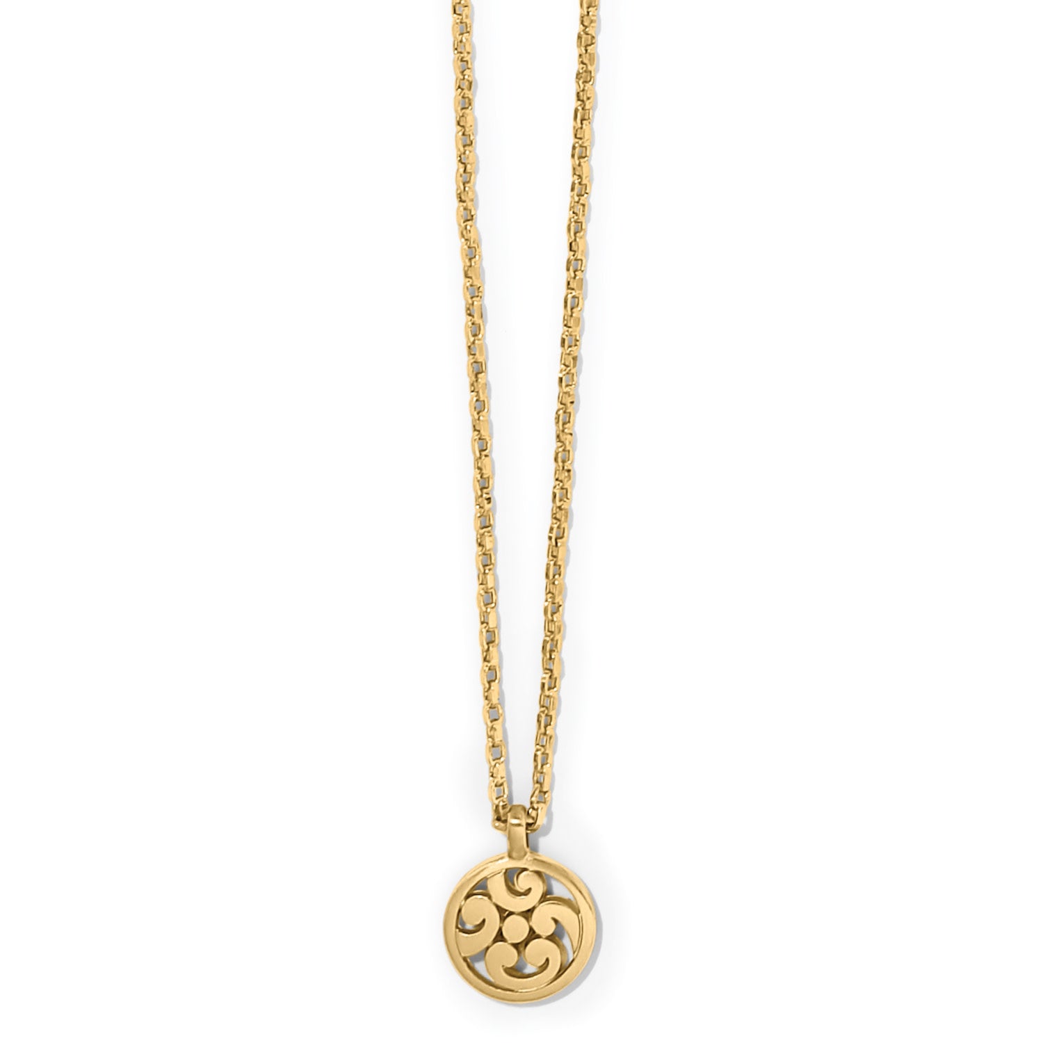 Silver plated circular pendant necklace with swirl scroll patterns on a silver chain