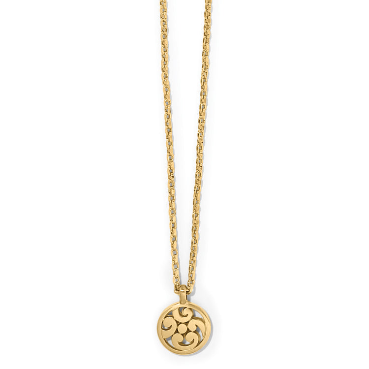 Silver plated circular pendant necklace with swirl scroll patterns on a silver chain