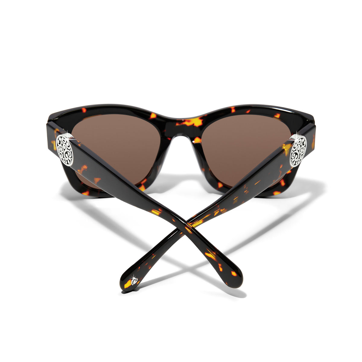 Square-shaped Contempo Medallion sunglasses with tortoise shell frame, silver accents, and solid brown lenses.