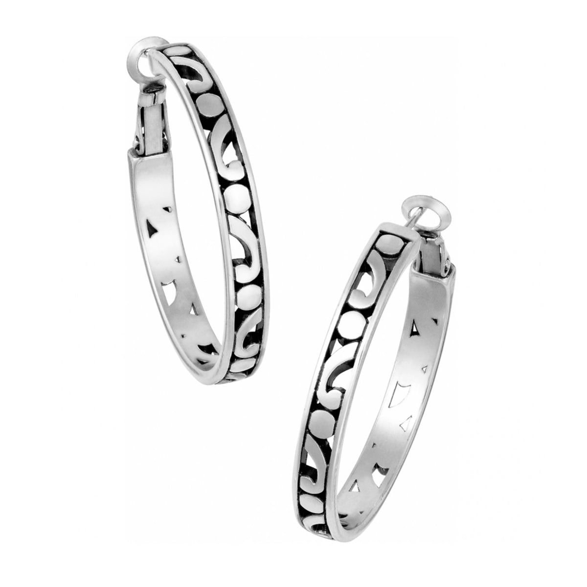 Gold-plated medium hoop earrings with vintage Taxco-inspired scrollwork pattern.