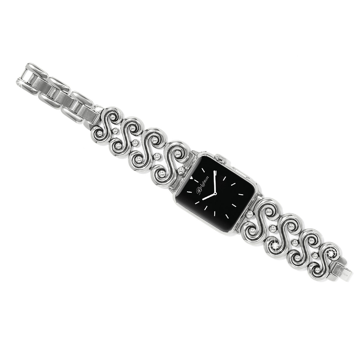 Silver plated Contempo Moda watch band with fold-over clasp featuring fine quality crystals.