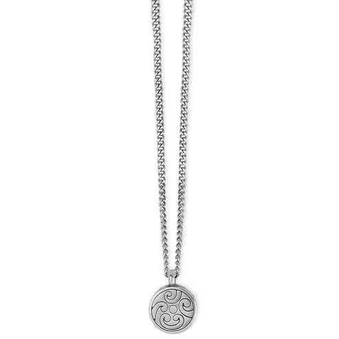 Silver plated spherical pendant necklace with scrolled pierced details on a chain