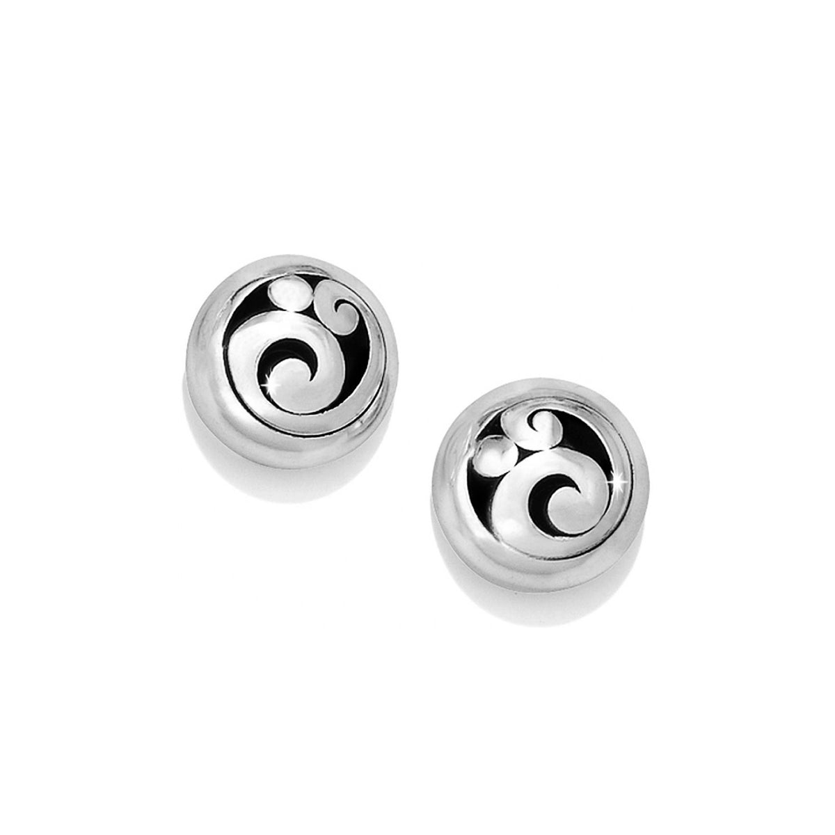 Silver plated post earrings with flat disc backs in a round shape.