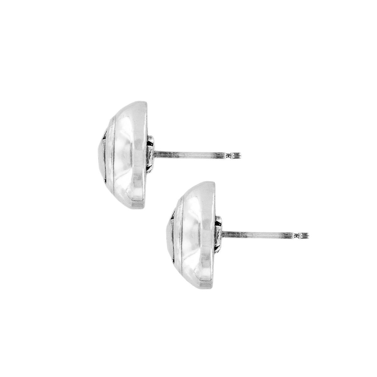 Silver plated post earrings with flat disc backs in a circular shape.