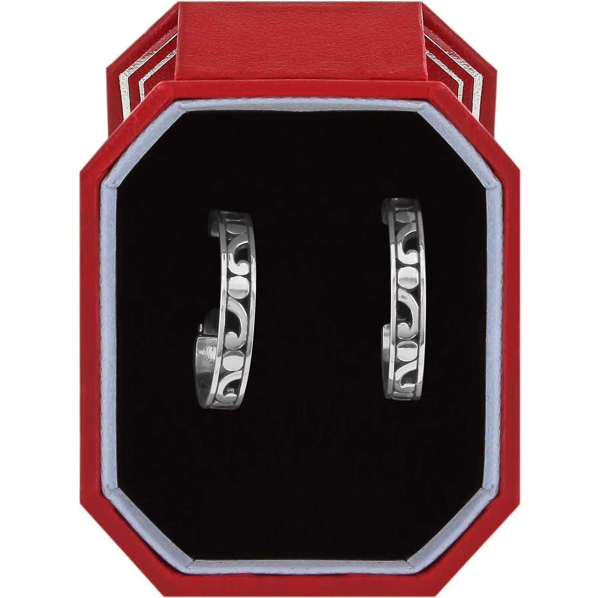 Silver plated small leverback hoop earrings with vintage Taxco scrollwork pattern in an exclusive gift box.