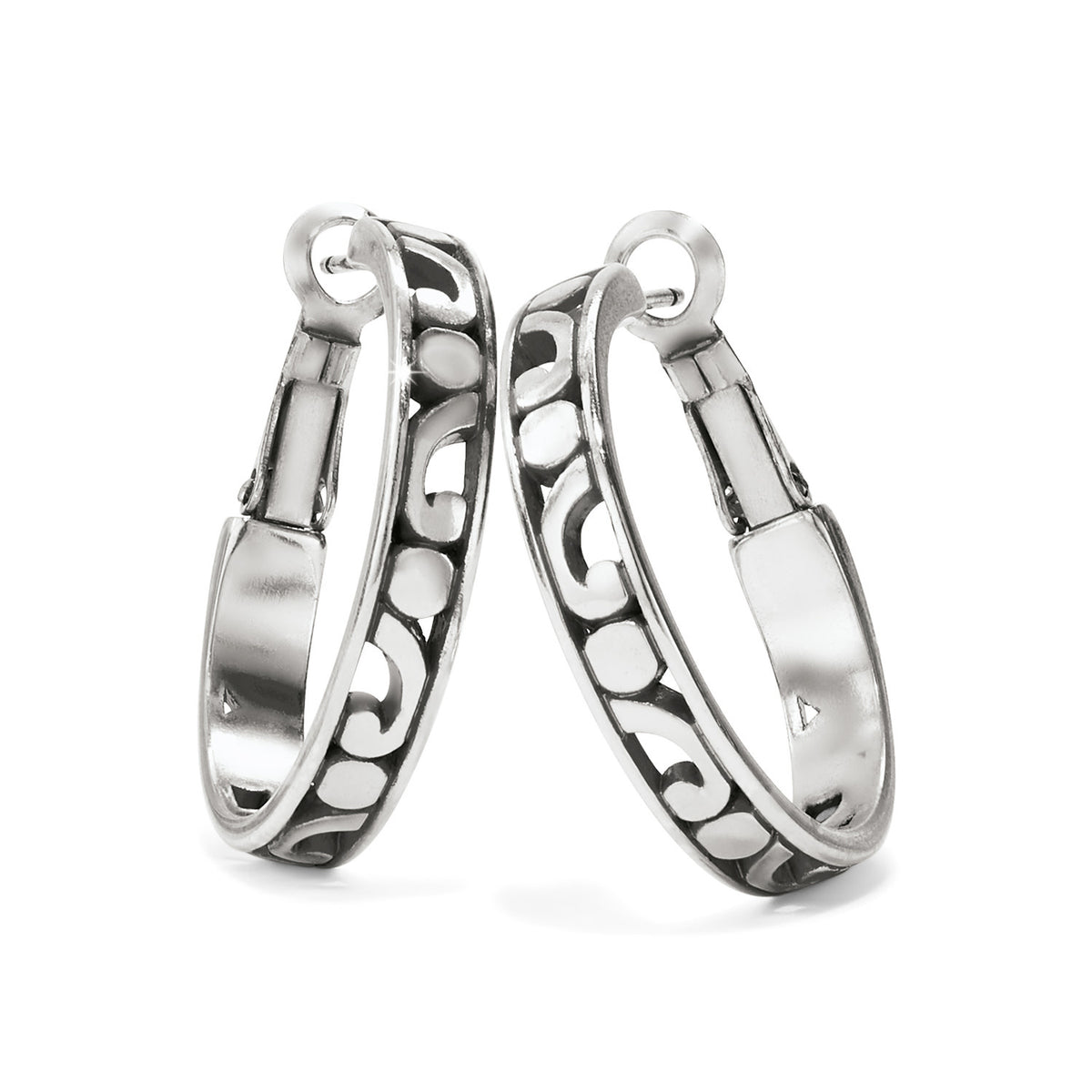 Silver-plated small hoop earrings with vintage-inspired scrollwork post backs.