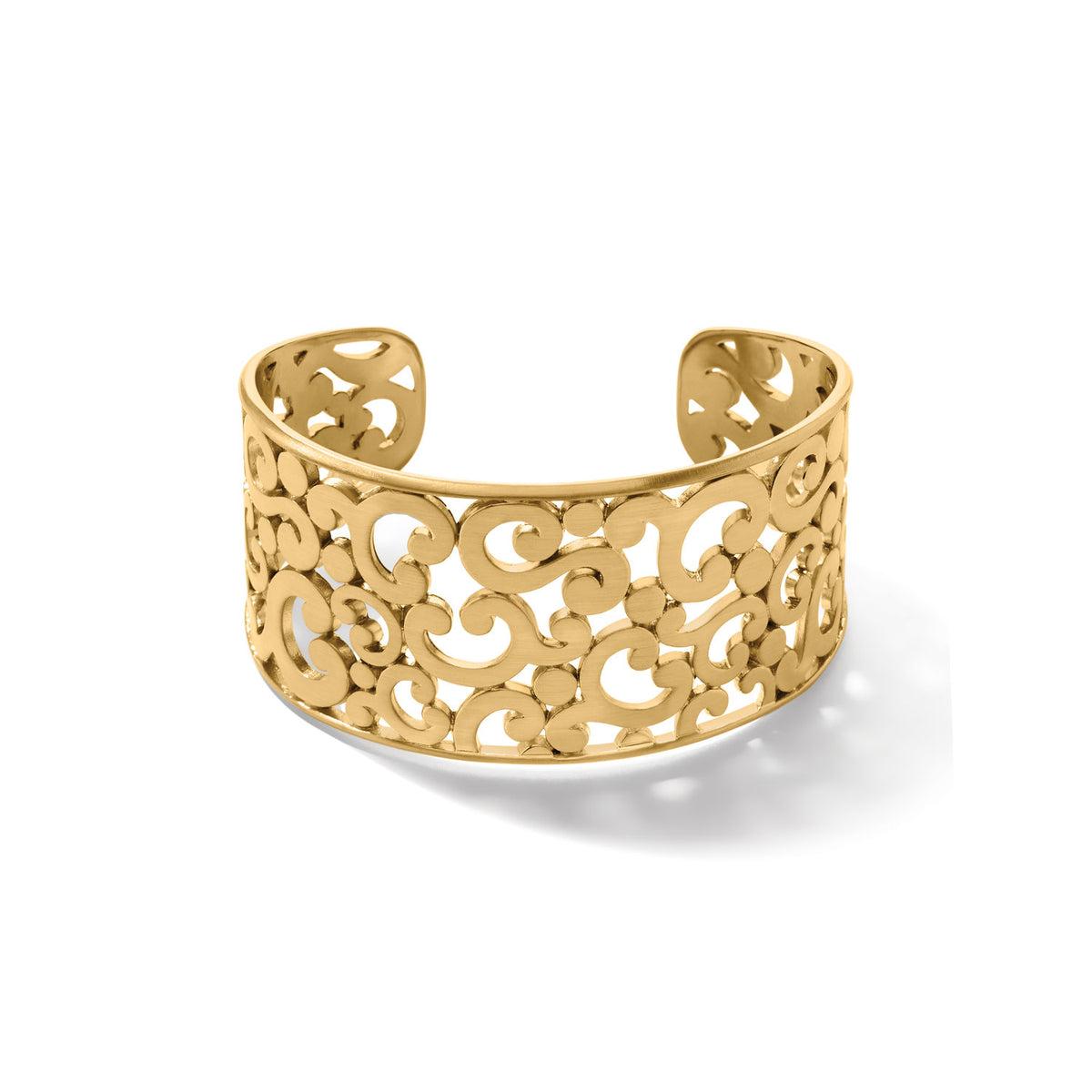 Gold plated wide cuff bracelet with a Contempo motif pattern.
