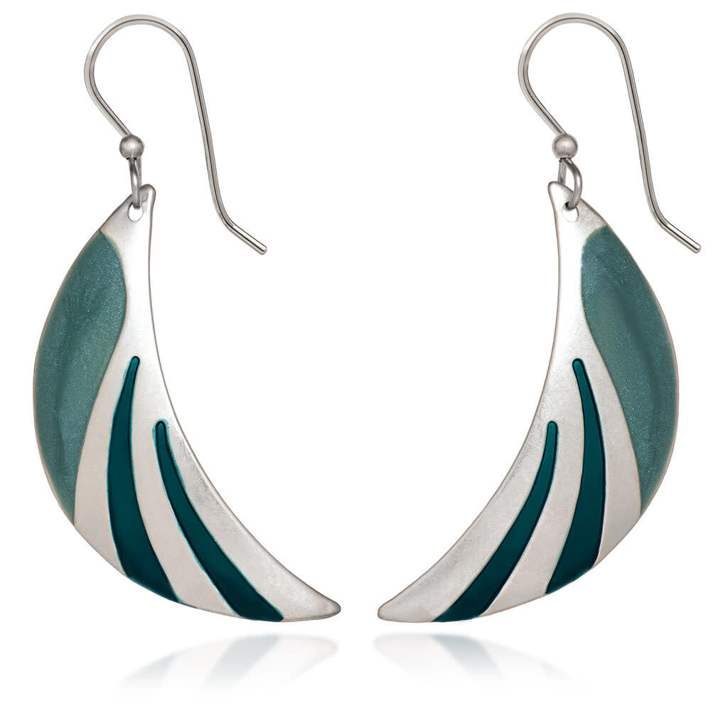 Silver drop earrings with quarter-moon brass shape featuring green enamel stripes