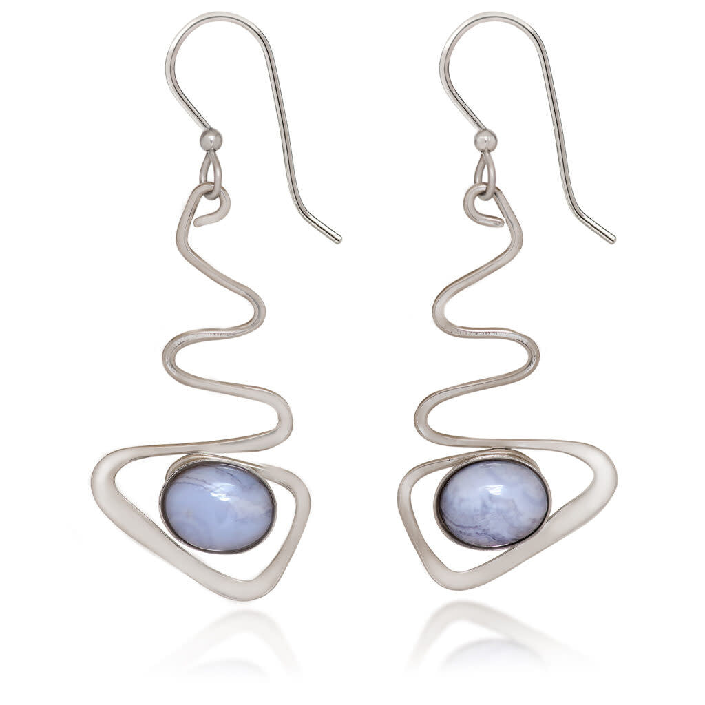 Contemporary surgical steel earrings featuring brass zig-zag patterns with oval agate cabochon drops.