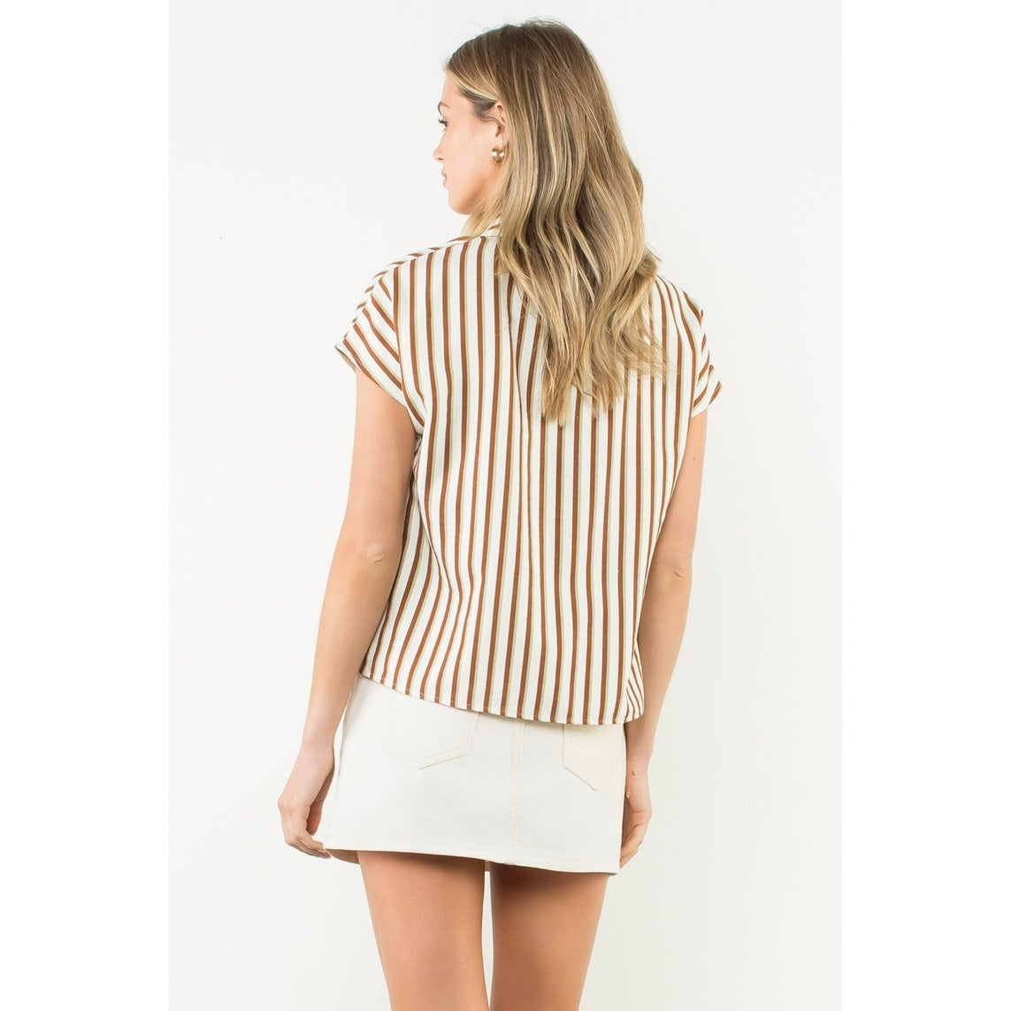 Back view of Cassie Contrast V-Neck striped woven top in black with white horizontal stripes and contrast trim.
