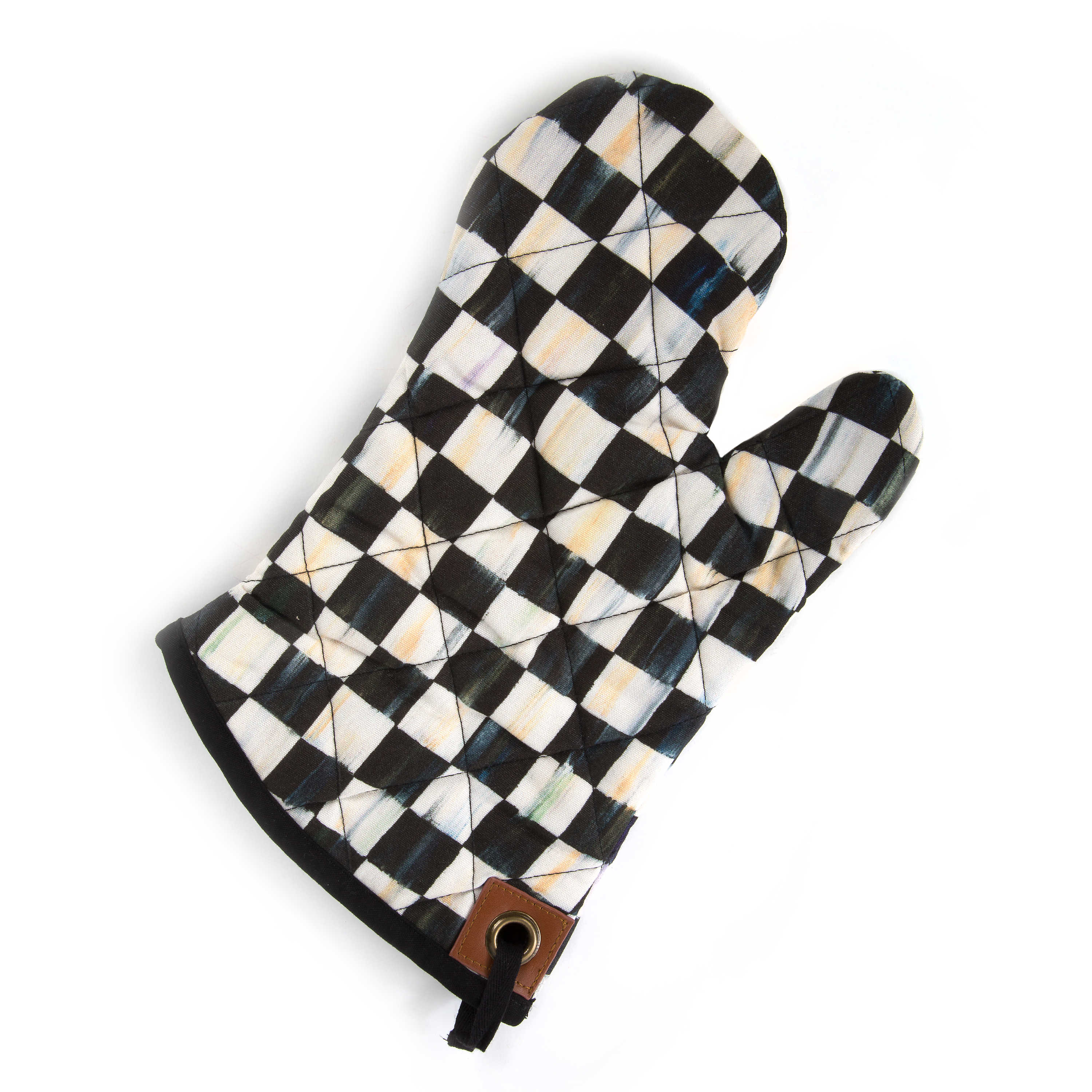 Courtly Check Bistro Oven Mitt with black and white checkered pattern and leather hanging tab.
