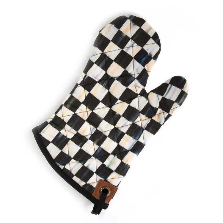 Courtly Check Bistro Oven Mitt with black and white checkered pattern and leather hanging tab.