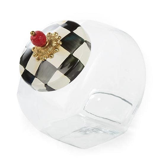 Glass cookie jar with hand-painted Courtly Check enamel lid featuring brass accents