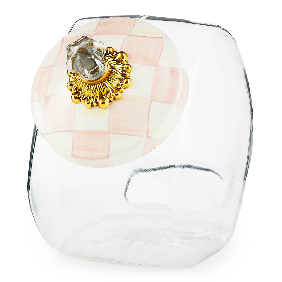 Glass cookie jar with rosy checkered hand-painted lid featuring brass hardware.