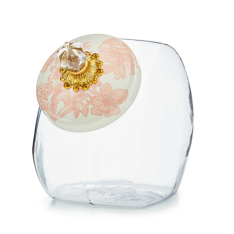 Glass cookie jar with rosy English garden floral lid featuring brass knob