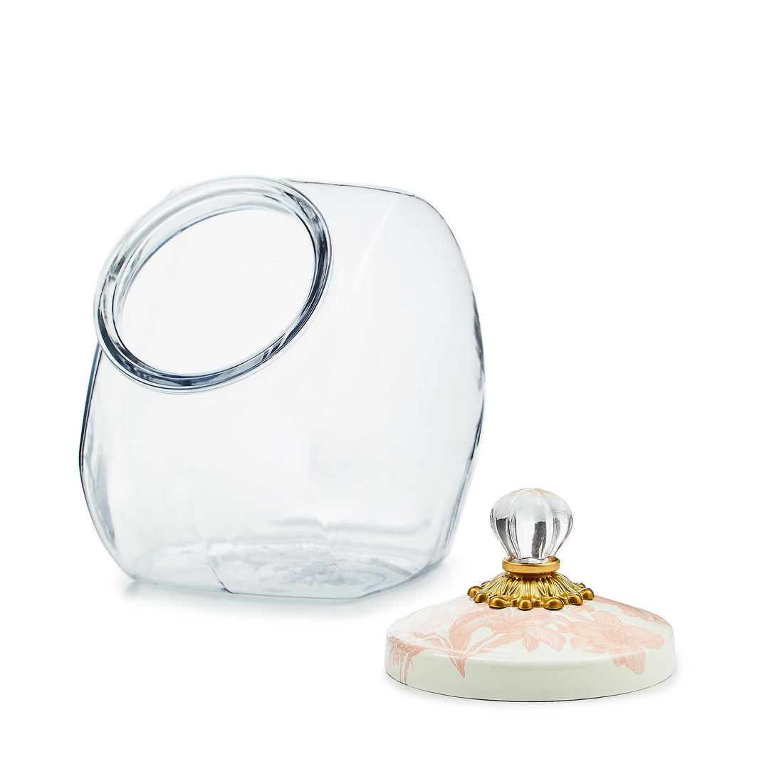 Glass cookie jar with rosy English garden floral lid featuring brass knob