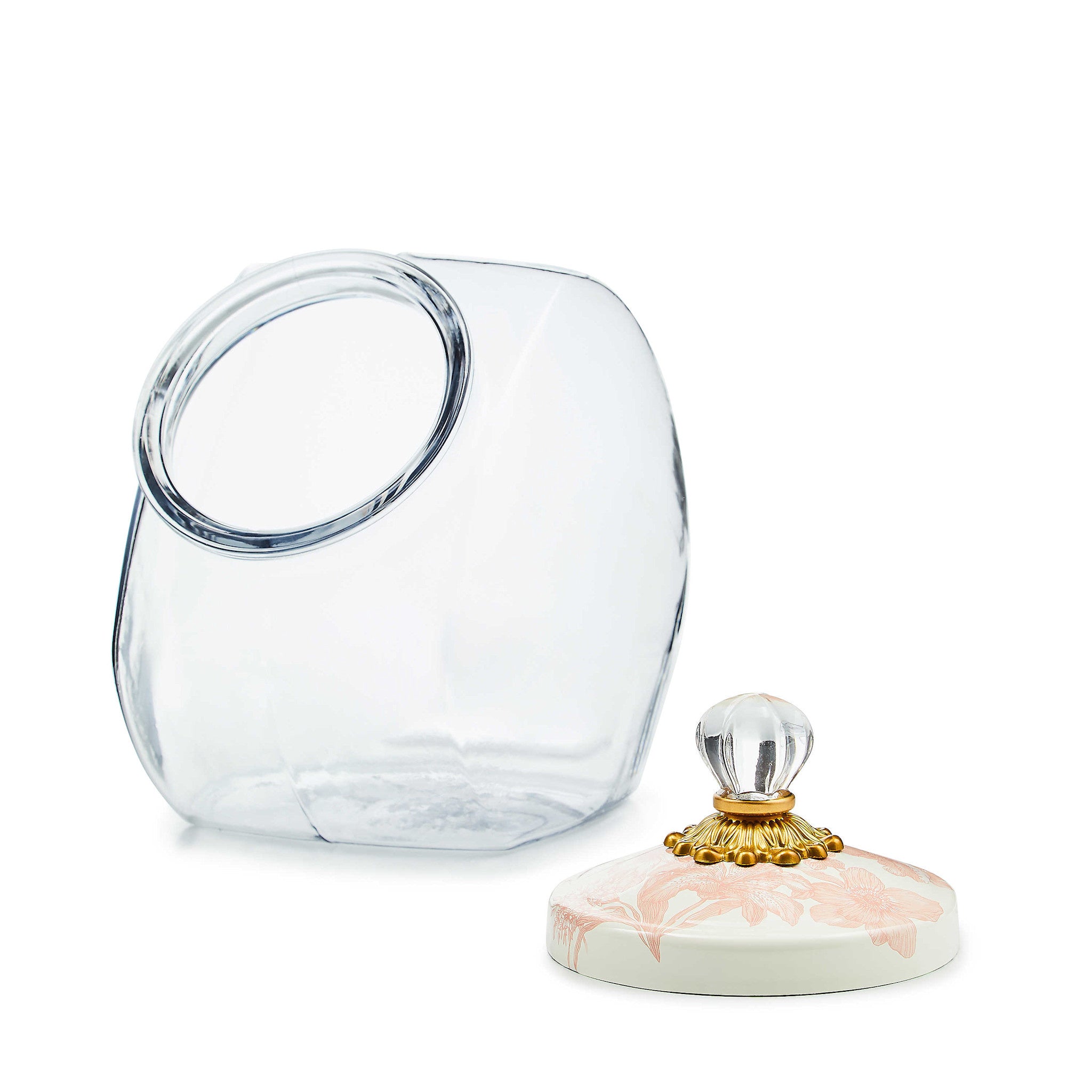Glass cookie jar with rosy English garden floral lid featuring brass knob