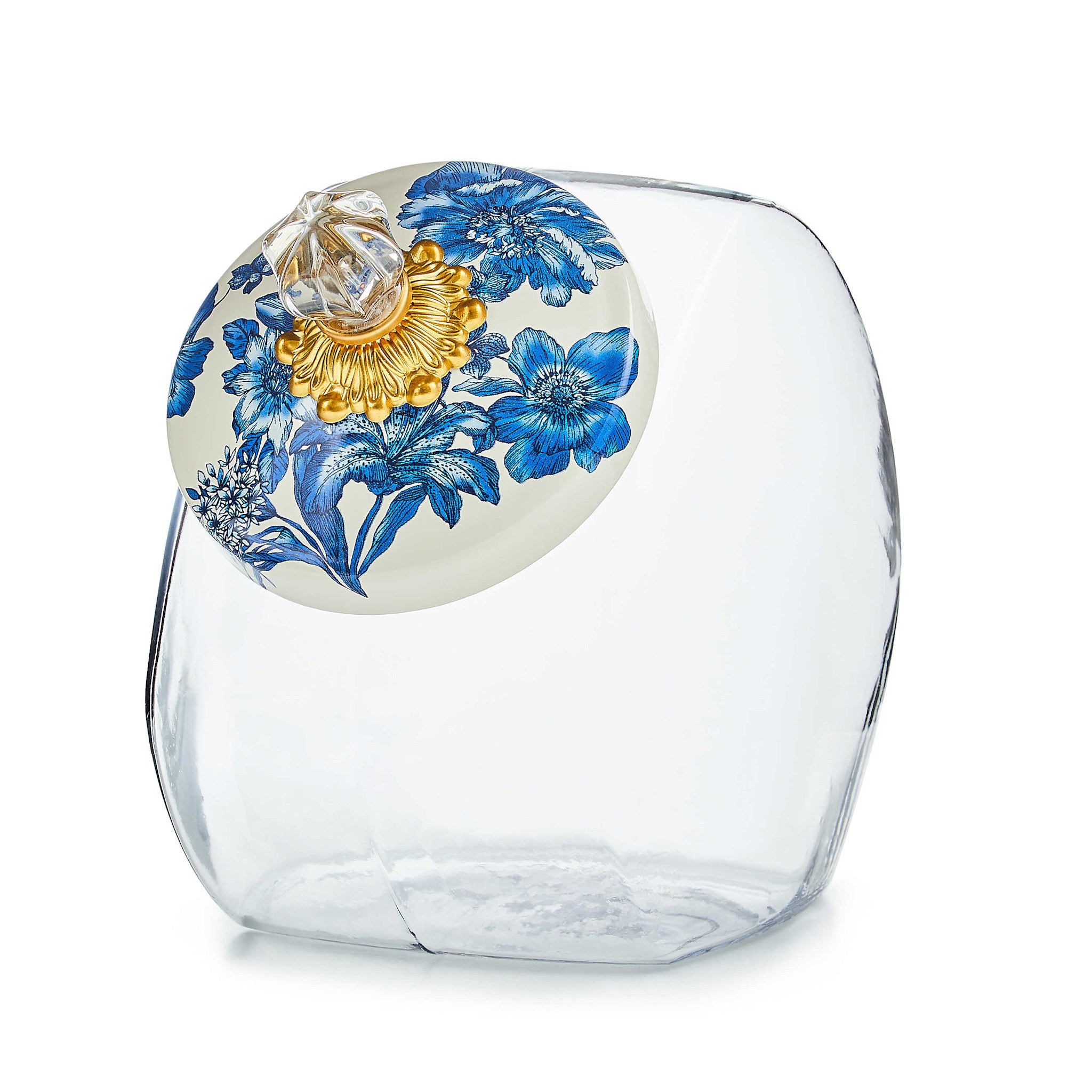 Glass cookie jar with Royal English Garden lid featuring hand-glazed steel base, brass knob, and floral transfer pattern.