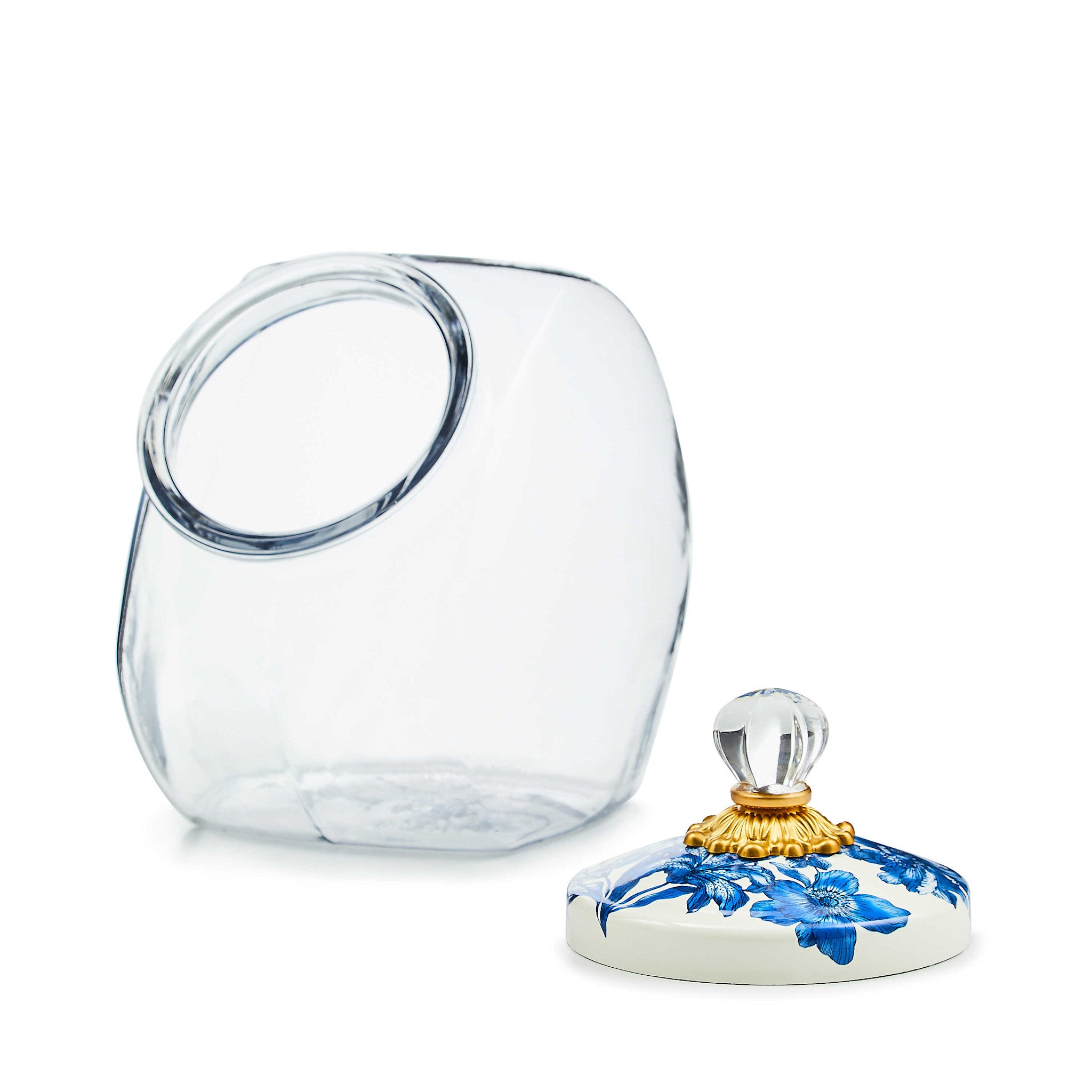 Glass cookie jar with Royal English Garden lid featuring hand-glazed steel base, brass knob, and floral transfer pattern.