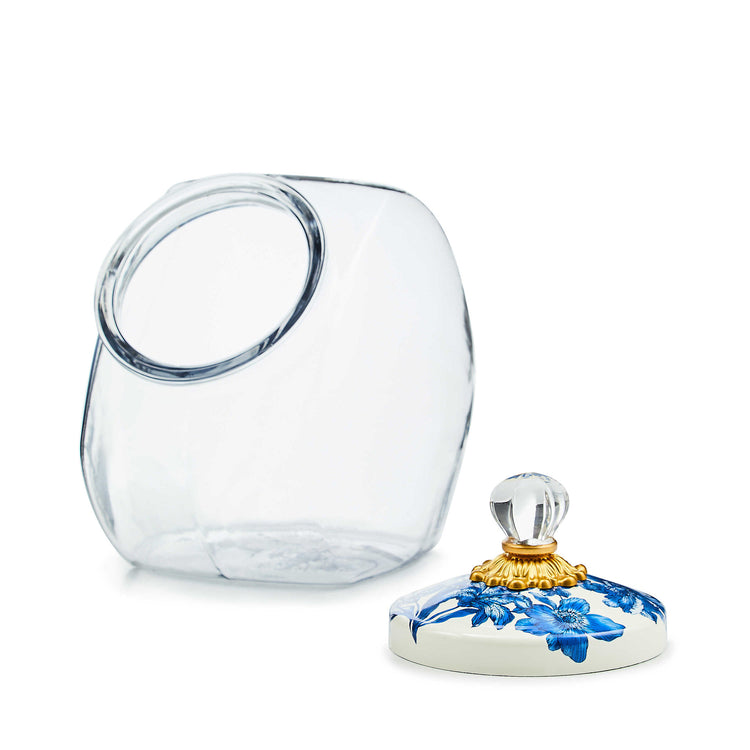 Glass cookie jar with Royal English Garden lid featuring hand-glazed steel base, brass knob, and floral transfer pattern.