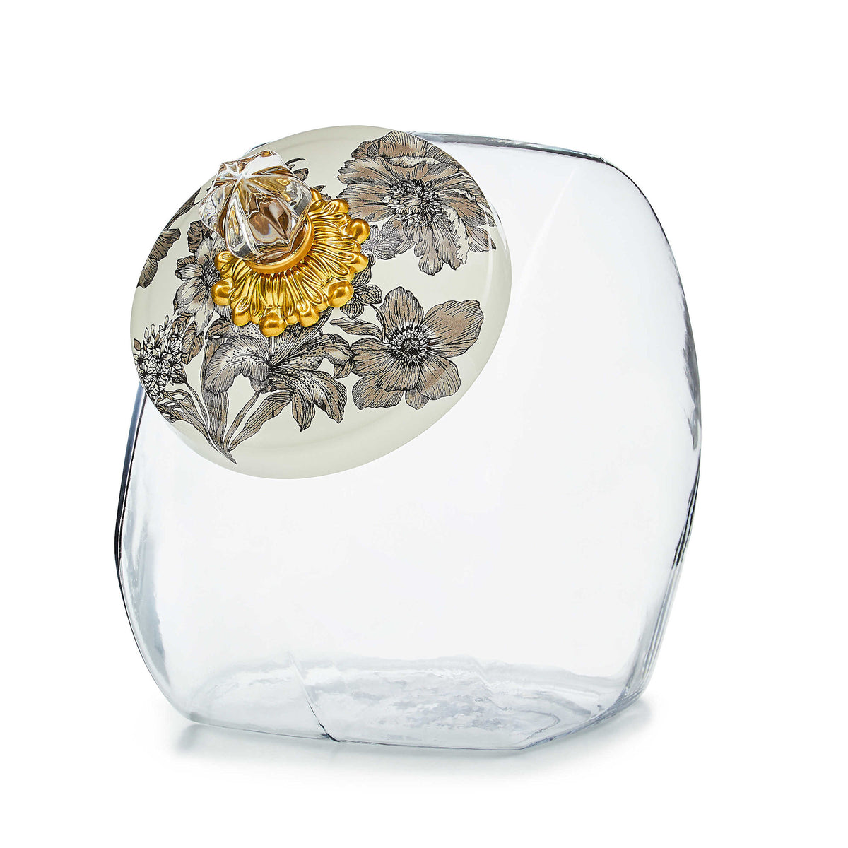Glass cookie jar with sterling English garden lid featuring hand-glazed steel base, brass knob, and glass finial.