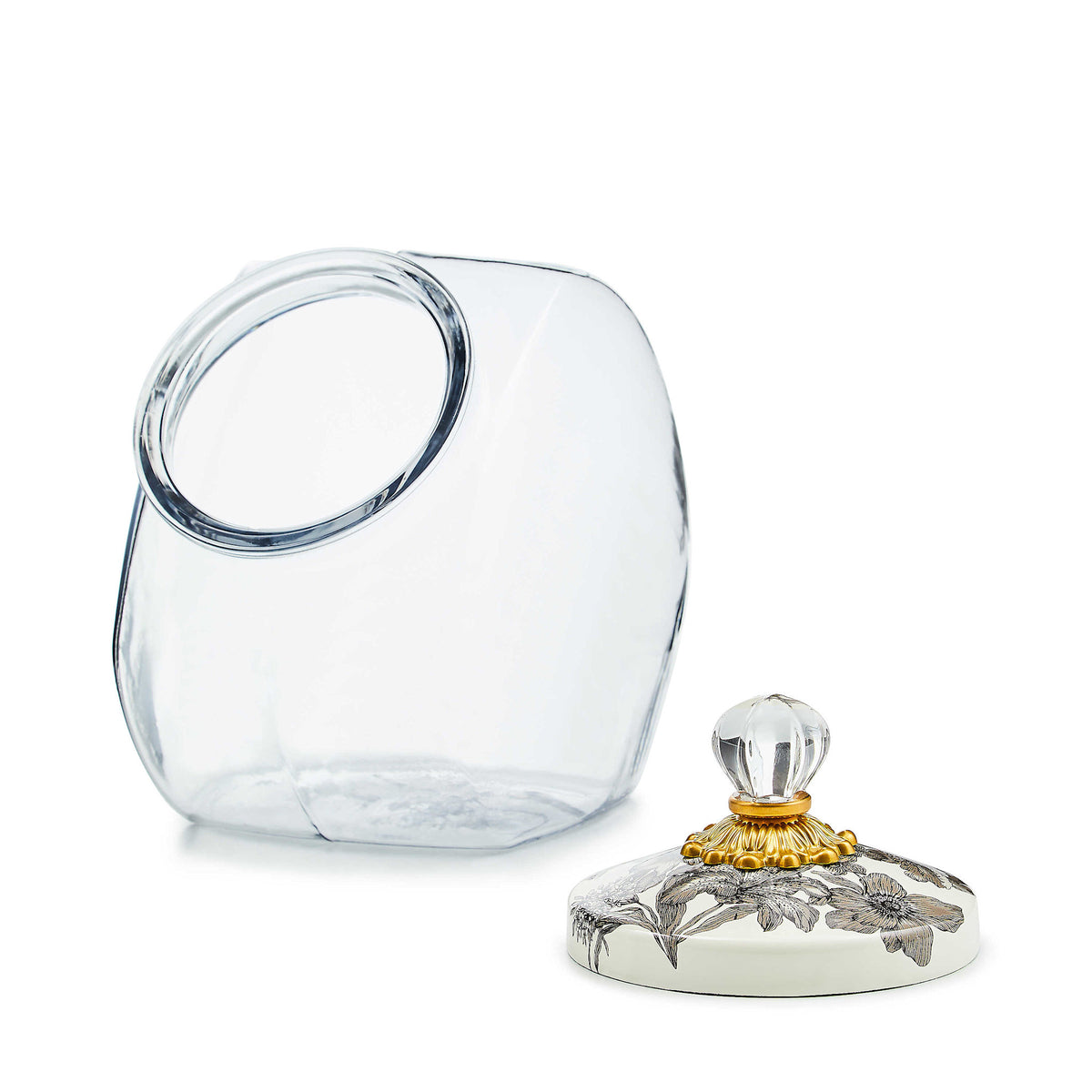 Glass cookie jar with Sterling English Garden lid featuring hand-glazed steel body, brass knob, and glass finial.