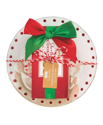 Hand-painted embossed glass cookie plate with wrapped box of chocolate chip cookies
