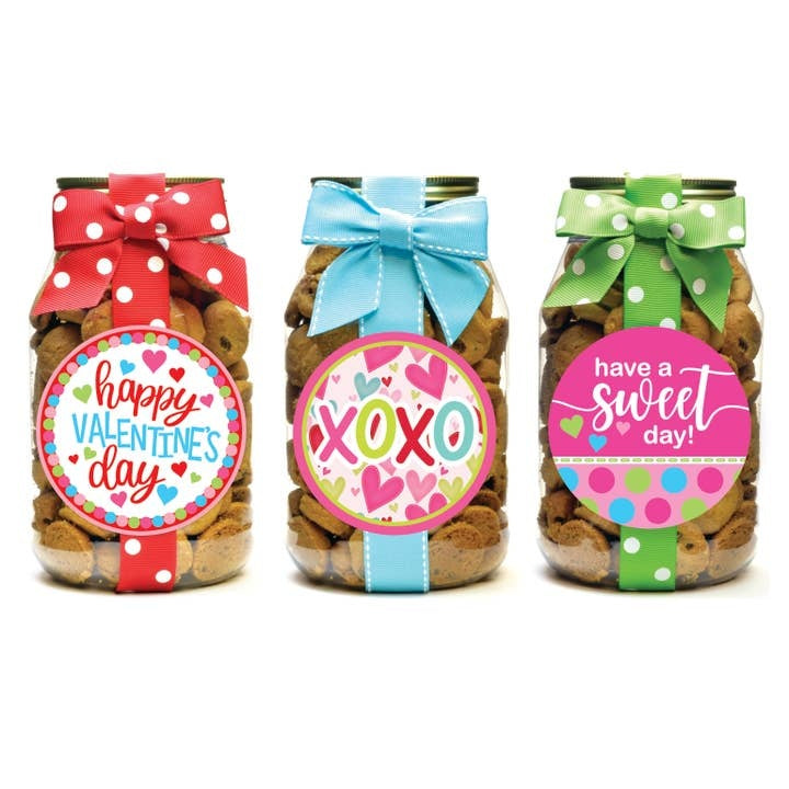 Valentine-themed quart jar filled with chocolate chip cookies