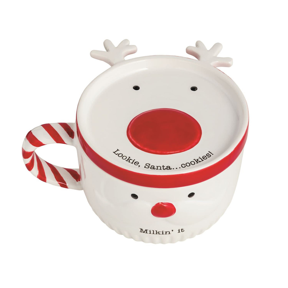 Ceramic Santa face mug with hand-painted handle and coordinating reindeer stacking cookie plate.