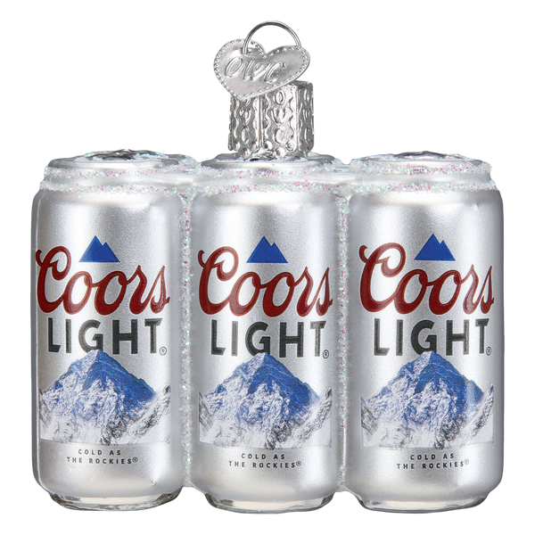 Coors Light six-pack beer ornament with silver can graphics on a white background.