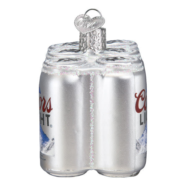 Coors Light six-pack beer ornament with silver can designs on a white background