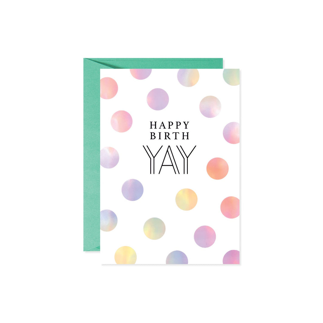 White rectangular card featuring a black polka dot pattern with 'Birth Yay' text.