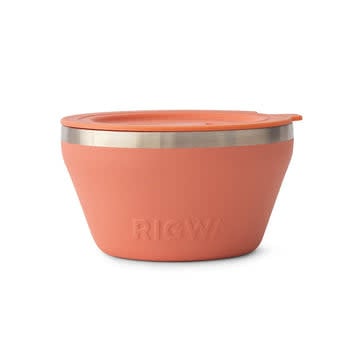 Coral-colored stainless steel insulated bowl with spill-proof lid