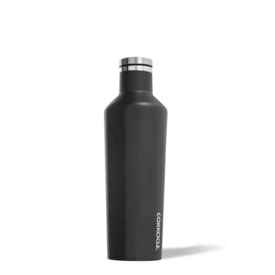 Matte black Corkcicle Classic Canteen water bottle with flat sides and wide mouth opening.