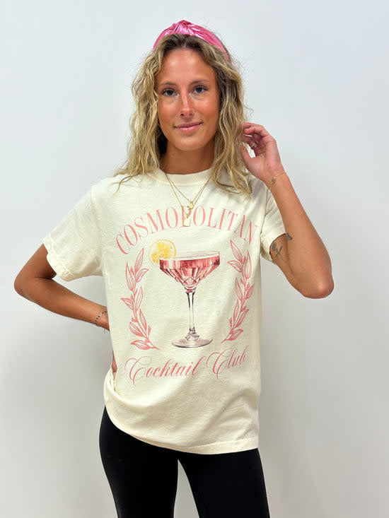 Black Yasmin Cocktail Club 5.0 t-shirt with a colorful cocktail-themed graphic print on the front.